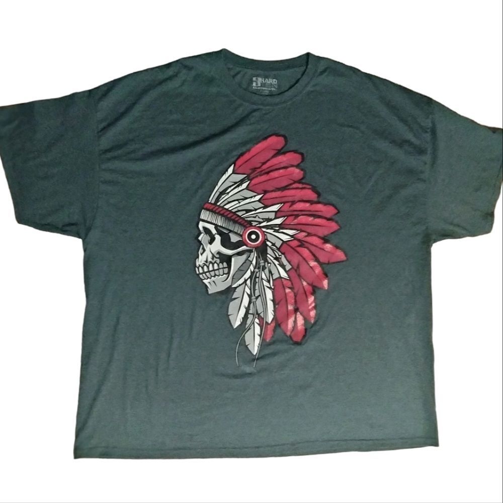 Hard Ten Clothing Co. Tee Shirt Dark Gray Sz 4XL Skull with Indian Headdress